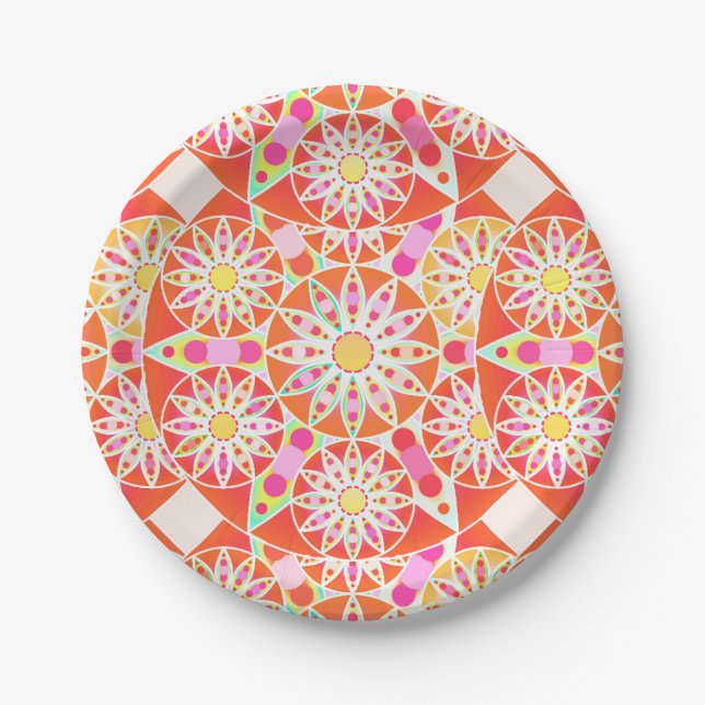 Mandala-Muster, korallenrot, rosa, gold Pappteller (Vorderseite)