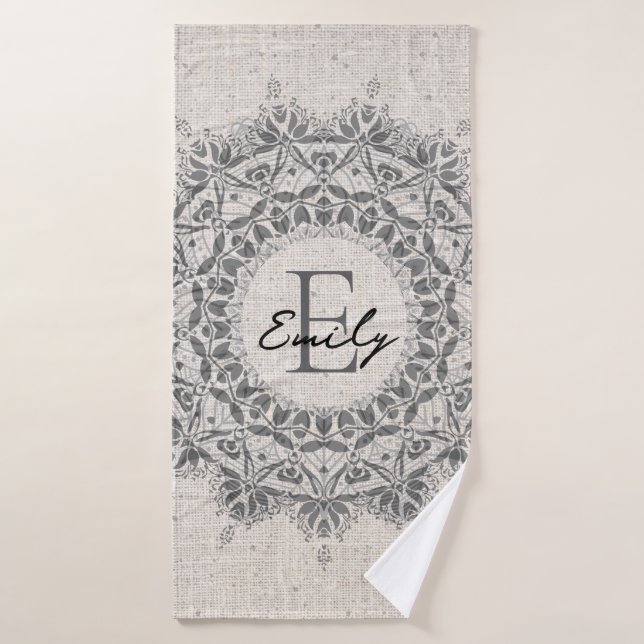 Mandala Name Monogram Monochrome Light Grau Badehandtuch (Badehandtuch)