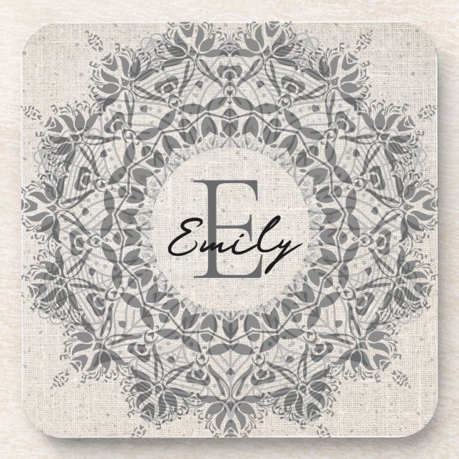 Mandala Name Monogram Monochrome Light Grau Getränkeuntersetzer (Vorderseite)