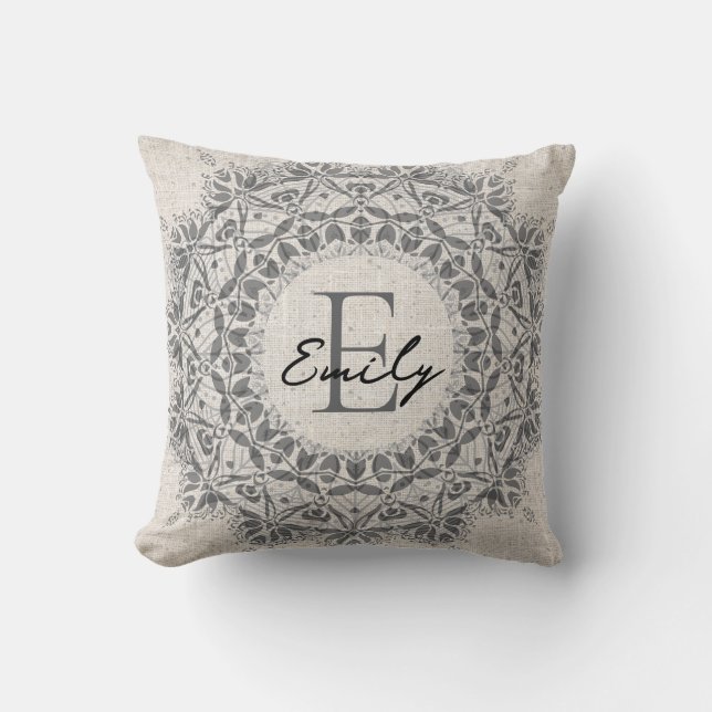 Mandala Name Monogram Monochrome Light Grau Kissen (Vorderseite)