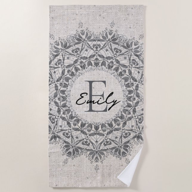 Mandala Name Monogram Monochrome Light Grau Strandtuch (Vorderseite)