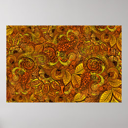 Mandala nature gold tentacles, flowers and leaves. poster