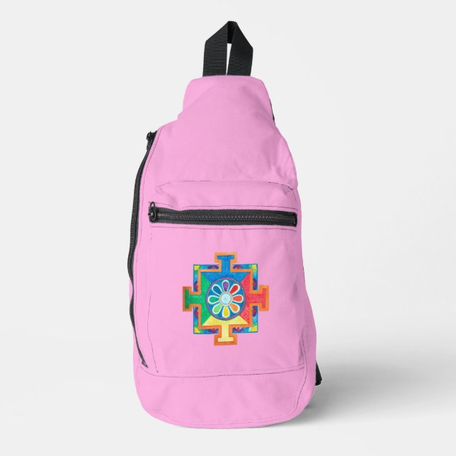 Mandala of Creation Wasserfarbe Rosa Crossbody Bag (Vorderseite)