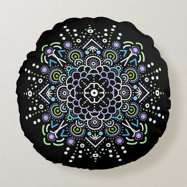 Mandala-Ornament in Schwarz, Lila und Grün Rundes Kissen (Vorderseite)