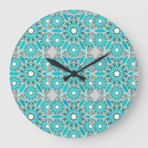 Mandala pattern, turquoise, silver grey and white große wanduhr