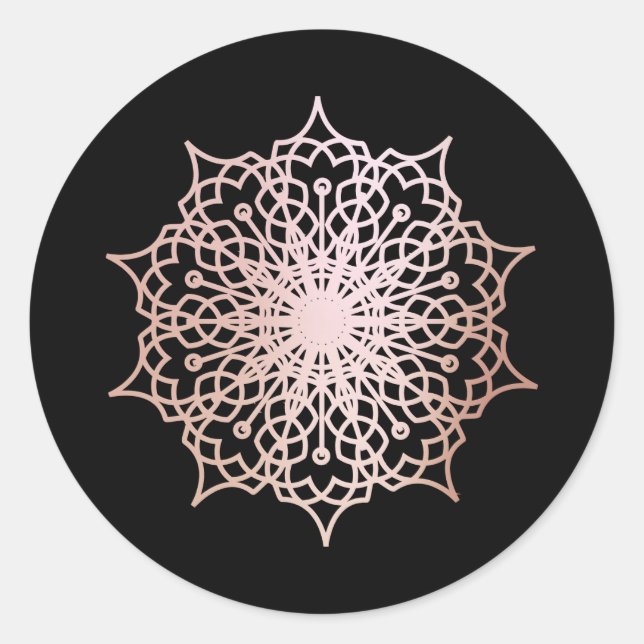 Mandala Pink Rose Gold Blush Black Runder Aufkleber (Vorderseite)