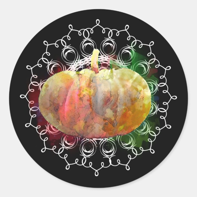 Mandala Pumpkin Watercolor Damask Herbensaison Runder Aufkleber (Vorderseite)