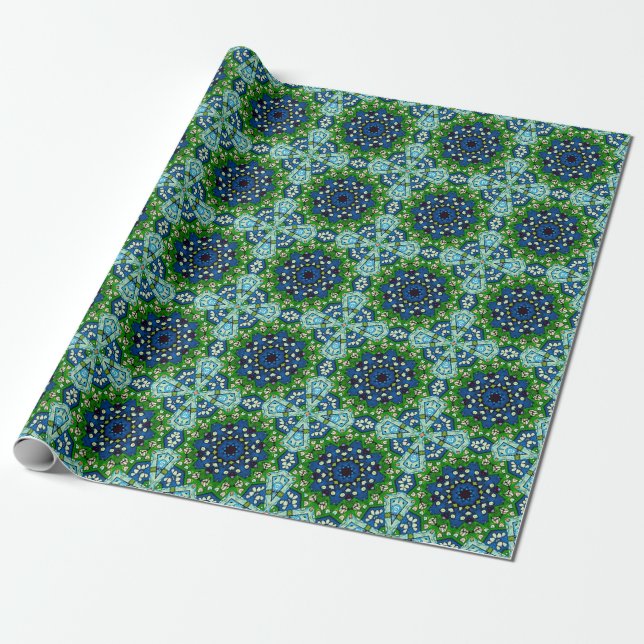Mandala Retro Mosaic Green Blue Pattern Geschenkpapier (Ungerollt)