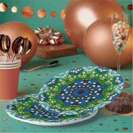 Mandala Retro Mosaic Green Blue Pattern Pappteller
