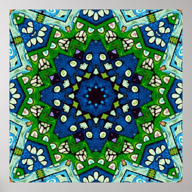 Mandala Retro Mosaic Green Blue Pattern Poster (Vorne)