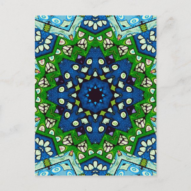 Mandala Retro Mosaic Green Blue Pattern Postkarte (Vorderseite)