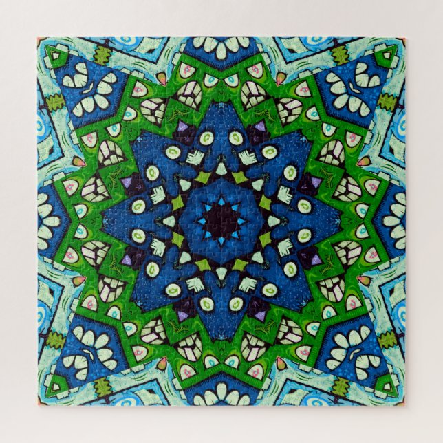 Mandala Retro Mosaic Green Blue Pattern Puzzle (Vertikal)