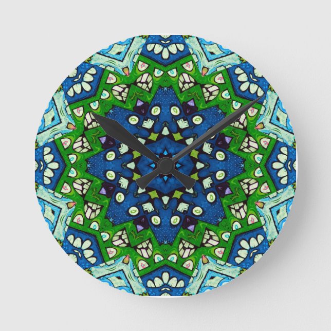 Mandala Retro Mosaic Green Blue Pattern Runde Wanduhr (Vorderseite)