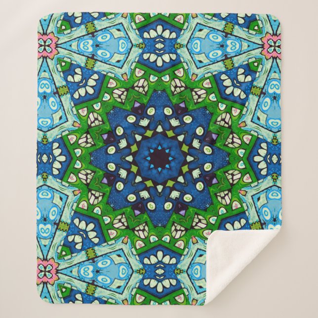 Mandala Retro Mosaic Green Blue Pattern Sherpadecke (Vorderseite)