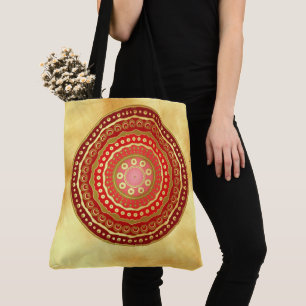 Mandala Rot Gold Punkte auf weichem Goldhintergrun