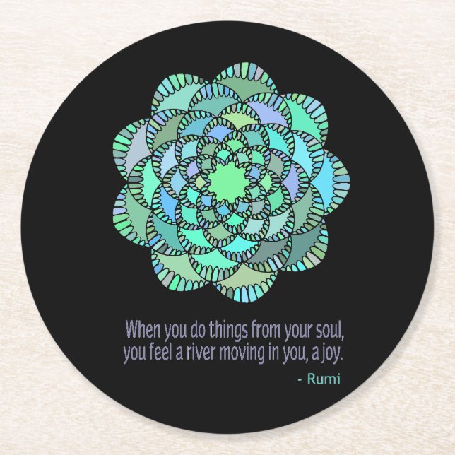 Mandala Rumi Joy Quote Runder Pappuntersetzer (Vorderseite)