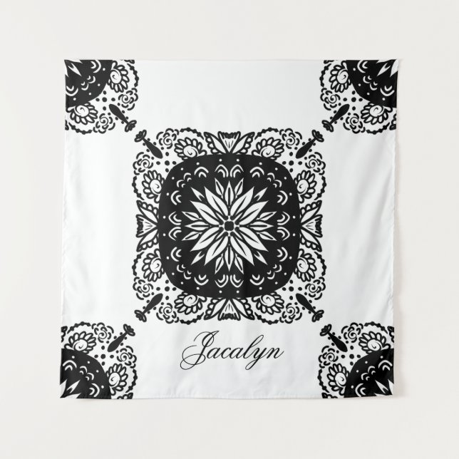 Mandala Schwarz-weiß Floral Name Tapestry Wandteppich (Vorderseite)