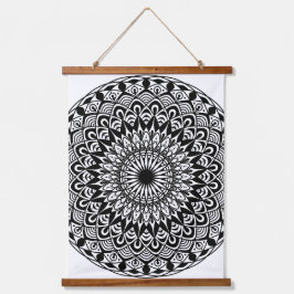 Mandala, schwarz-weiß wandteppich mit holzrahmen
