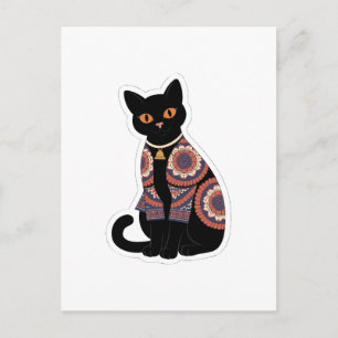 Mandala-Schwarze-Katze-Glocken-Halsband-Grußkarte Postkarte