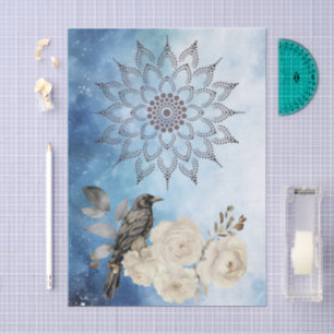 Mandala Schwarzer Rabe Weiße Blumen Blauer Hinterg Seidenpapier