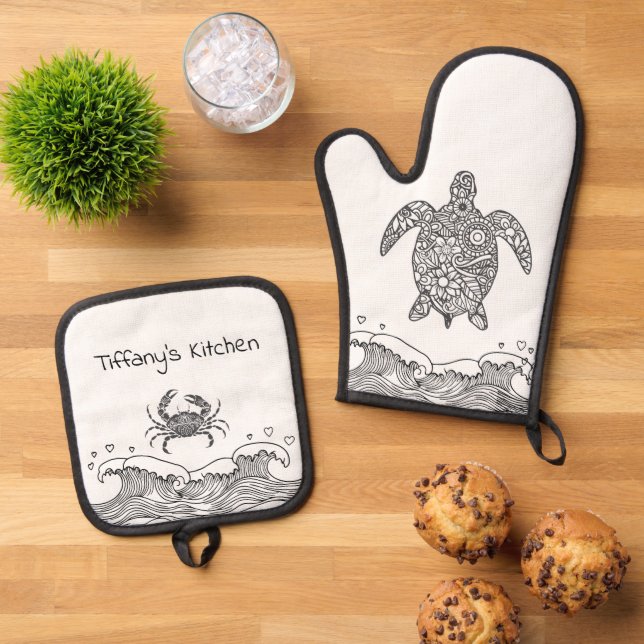 Mandala Sea Turtle and Crab Ofenhandschuh & Topflappen-Set (Oben Unten)