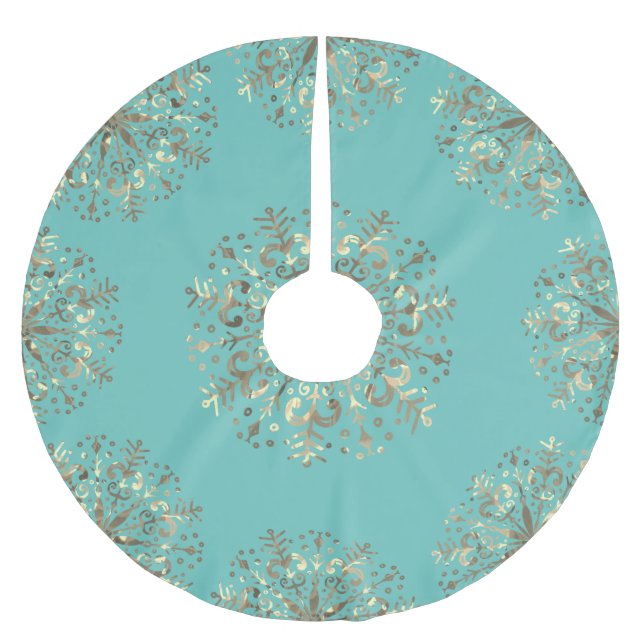 Mandala Snowflake Gold Aquamarin Blue Polyester Weihnachtsbaumdecke (Vorderseite)