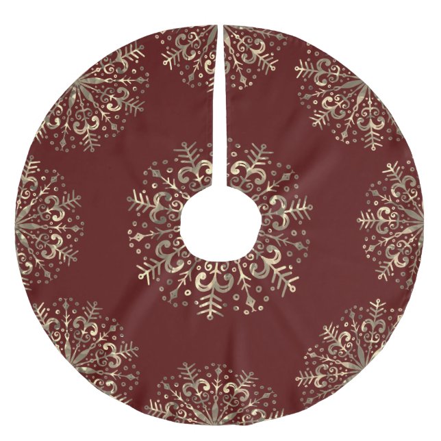 Mandala Snowflake Gold Burgundy Red Polyester Weihnachtsbaumdecke (Vorderseite)