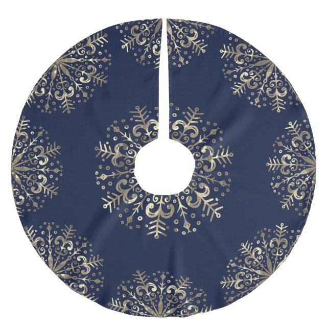 Mandala Snowflake Gold Navy Blue Tree Skirt Polyester Weihnachtsbaumdecke (Vorderseite)