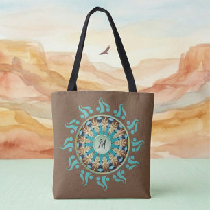 Mandala-Sonne Türkis, braun, blau und Beige-Tasche