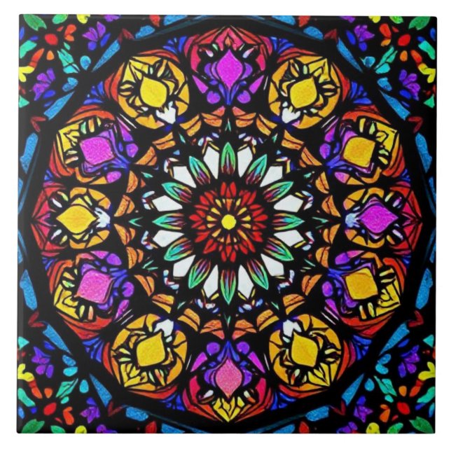 Mandala Stached Glass Floral Artwork Fliese (Vorderseite)