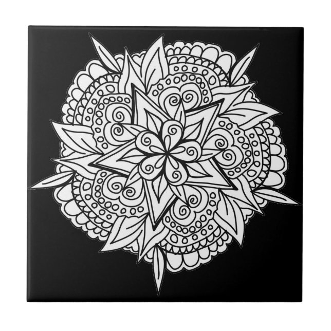 Mandala Star Blume Schwarzweiß Keramik Tile Fliese (Vorderseite)