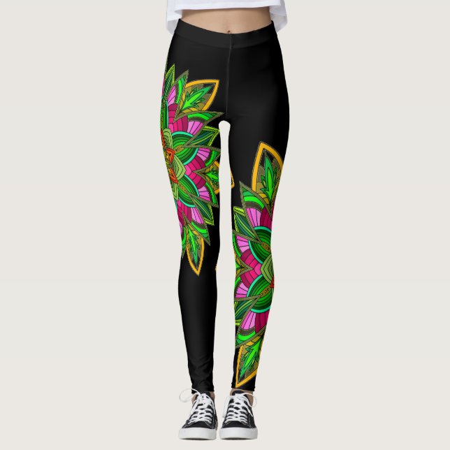Mandala Star Power, Vivid multicolor auf schwarz Leggings (Vorderseite)