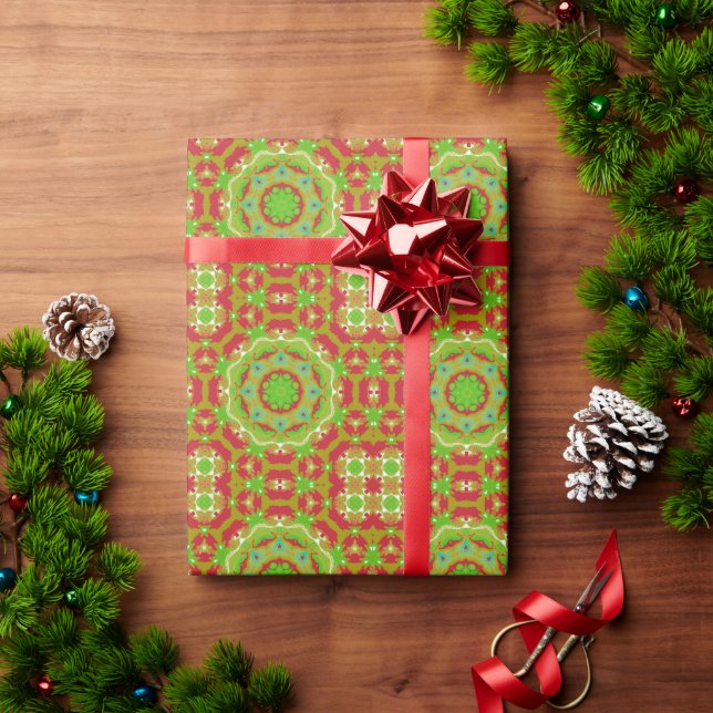Mandala-Stil Rot und Grün Traditionelle Farben Geschenkpapier (Feiertagsgeschenk)
