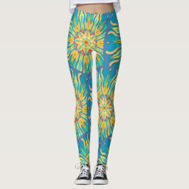 Mandala Sun Goddess, Reds Yellows auf Aqua Leggings
