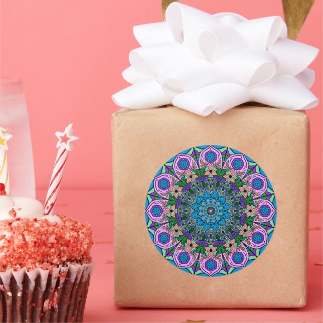 Mandala TealRose 12 Petals Pink Orange Aquamarin Runder Aufkleber (Party)
