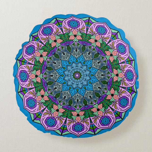 Mandala TealRose 12 Petals Pink Orange Aquamarin Rundes Kissen (Vorderseite)