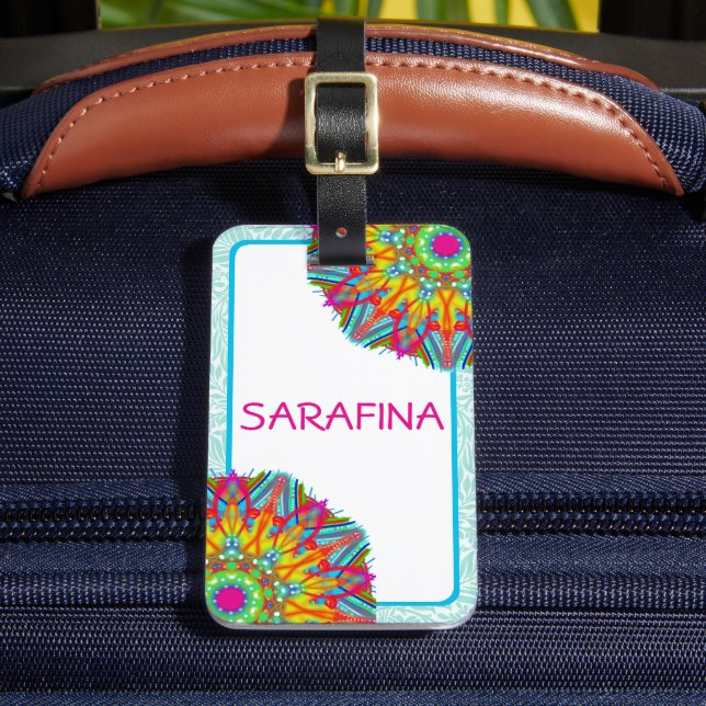 Mandala und Aqua Frame Boho Name Gepäckanhänger (Vorderseite Insitu 2)