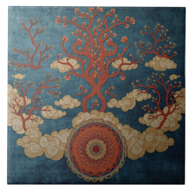 Mandala unter den Wolkenbäumen Fliese (Vorderseite)