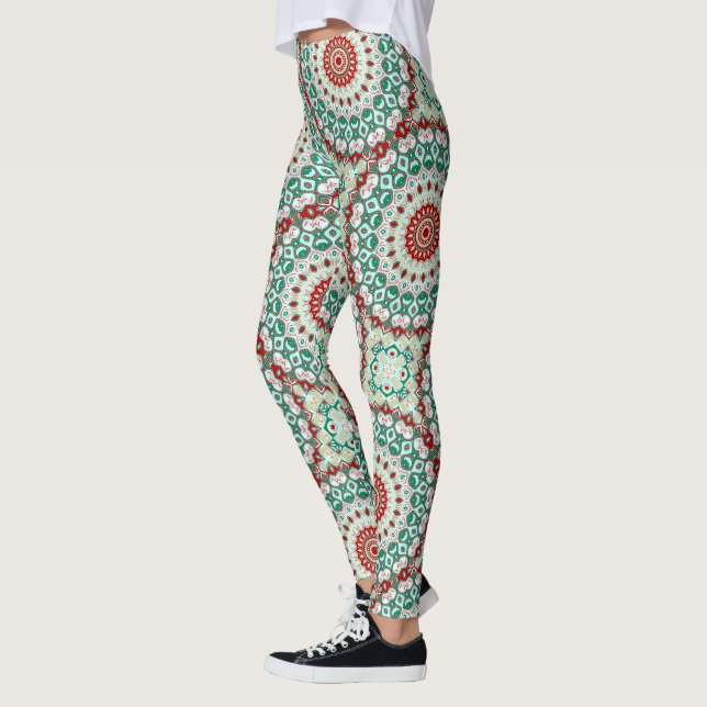 Mandala Urlaub in Rot, Grün und Winter Weiß Leggings (Links)