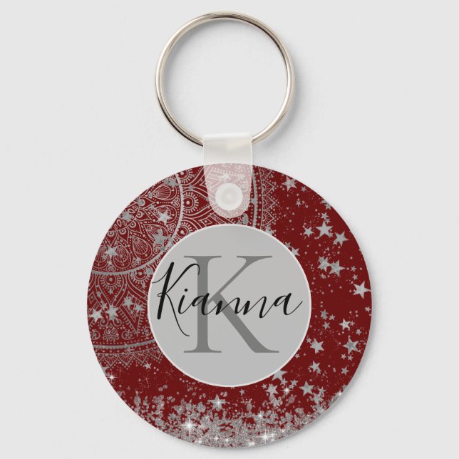 Mandala verzaubern mit Silberstern auf Rot Schlüsselanhänger (Vorderseite)