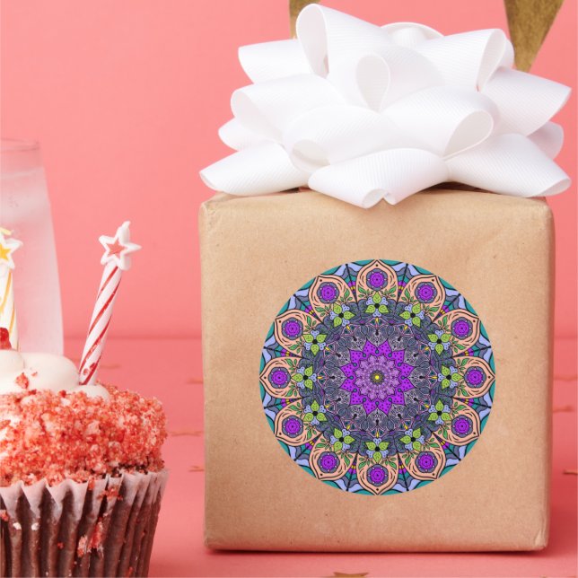 Mandala Violet Peach 12 Petals Lachs Rosa Grün Runder Aufkleber (Party)