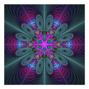 Mandala von der Mitte aus farbenfrohe Fraktalkunst Poster