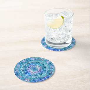 Mandala Weiße Umrandung blaue Wasserfarbe - Runder Pappuntersetzer