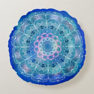 Mandala Weiße Umrandung Blaue Wasserfarbe - Rundes Kissen