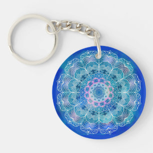 Mandala Weiße Umrandung blaue Wasserfarbe - Schlüsselanhänger