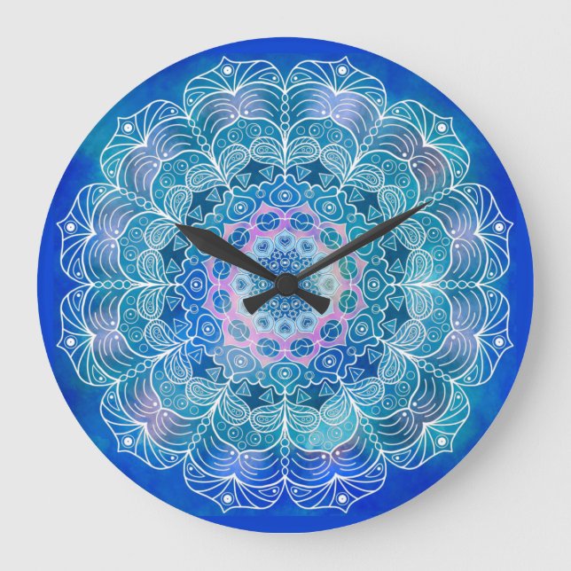 Mandala White Kontur blue Wassercolor - Große Wanduhr (Vorderseite)