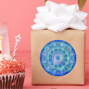 Mandala White Kontur blue Wassercolor - Runder Aufkleber