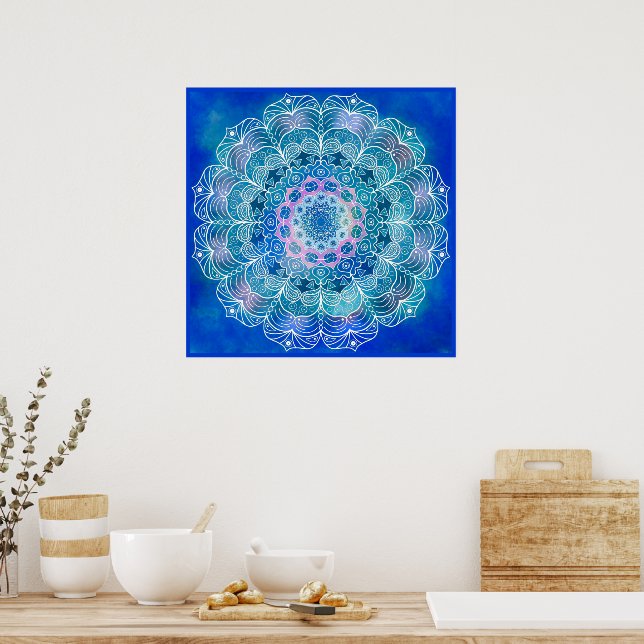 Mandala White Outline blue Watercolor -  Poster (Küche)