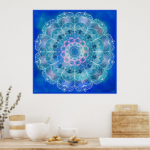 Mandala White Outline blue Watercolor -  Poster