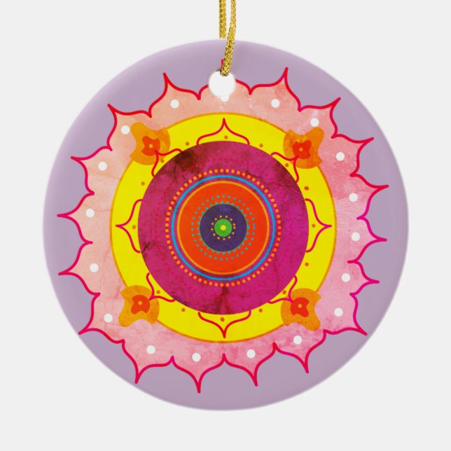 Mandala Yellow Pink Keramik Ornament (Vorne)